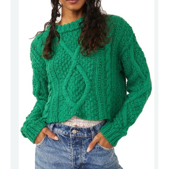 Free People Sweaters - Free People Cutting Edge Cable Knit Sweater Green Cropped Boxy Chunky XSMALL  XS